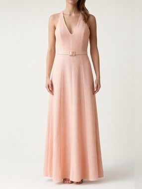 Belle Badgley Mischka Peach Textured Belted Gown V-Neck Formal Wedding 4